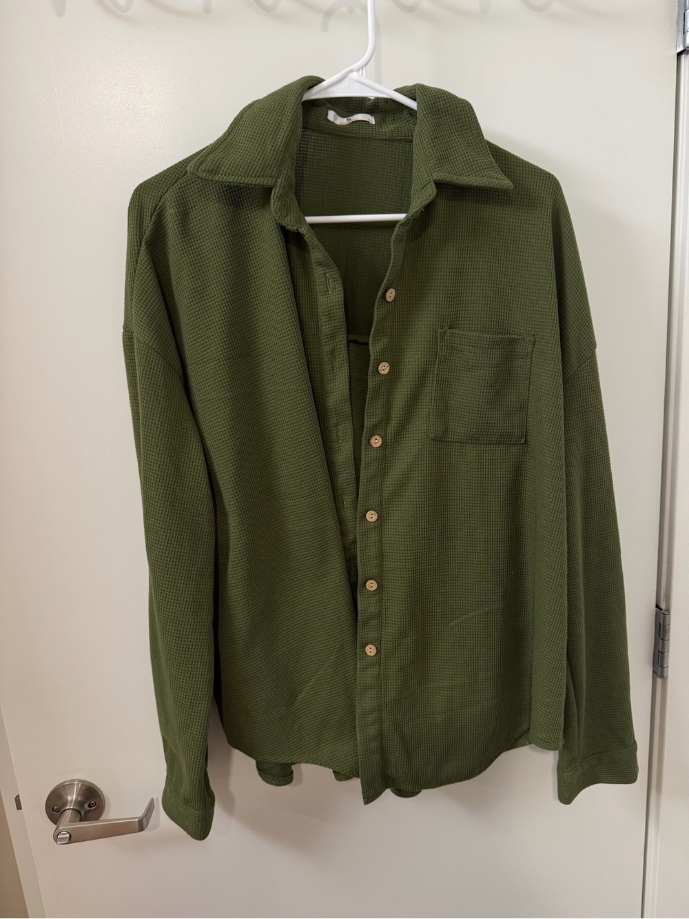 Olive Green Waffle-Knit Button-Up Shirt